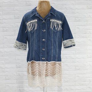 HAND CRAFTED Jacket Jean Blue Denim Upcycled Short Sleeve Lace Plus Size 14